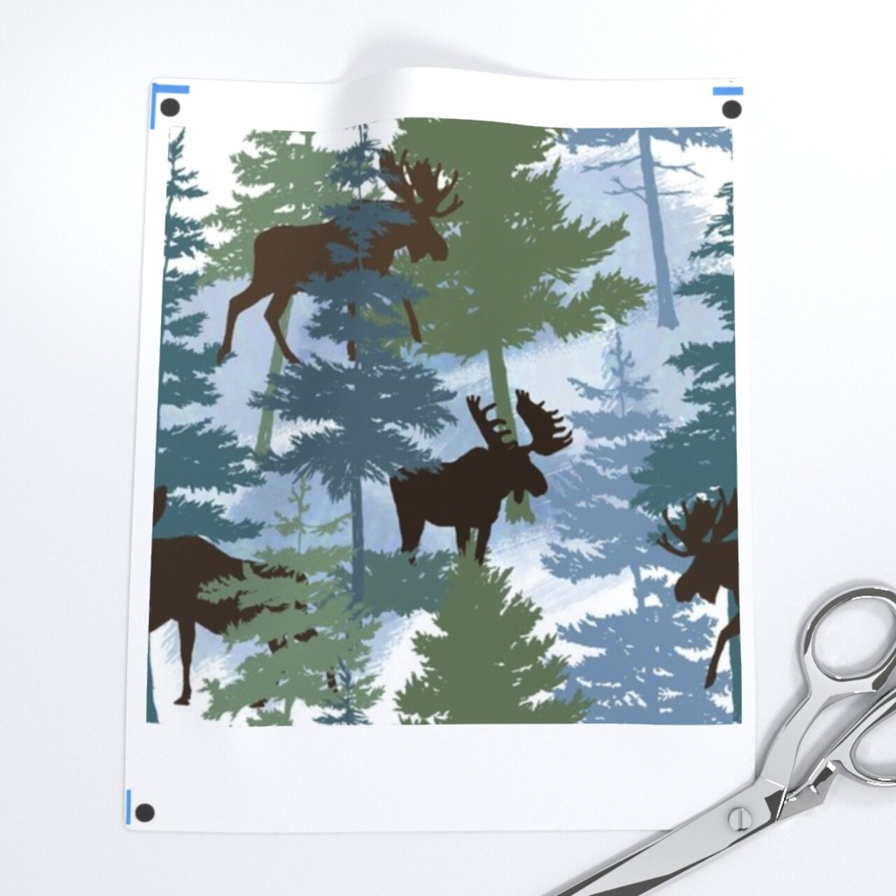 Blue Woods Outdoor Green Trees Moose Wildlife. Pines Forest Winter Custom Printed Fabric by Spoonflower Various Fabrics by the Yard or Fat Quarter